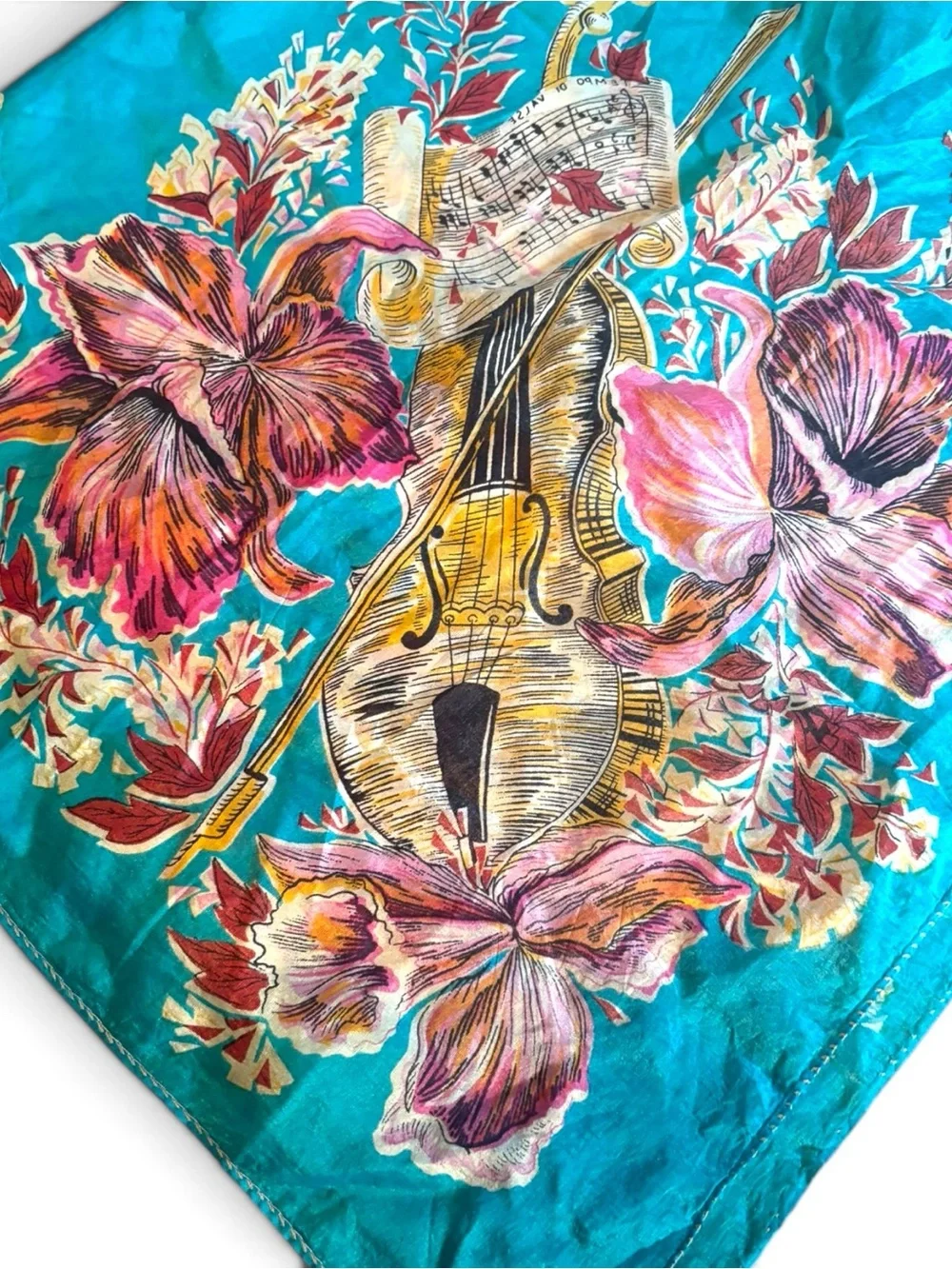 Vintage 50s 100% Silk Large Square Scarf Violin Harp Sheet Music Teal Blue 33x32